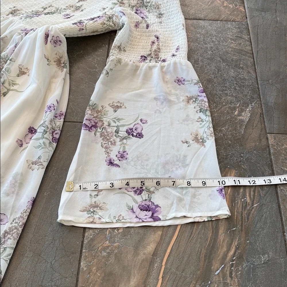 Torrid ivory and purple floral smocked chiffon off-the-shoulder dress - Picture 11 of 15